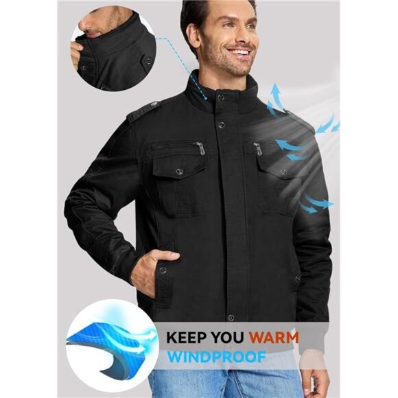 Mens Winter Jacket Thick Fleece Lined Military Coat Multi Pocket Warm Outerwear - Picture 4 of 7